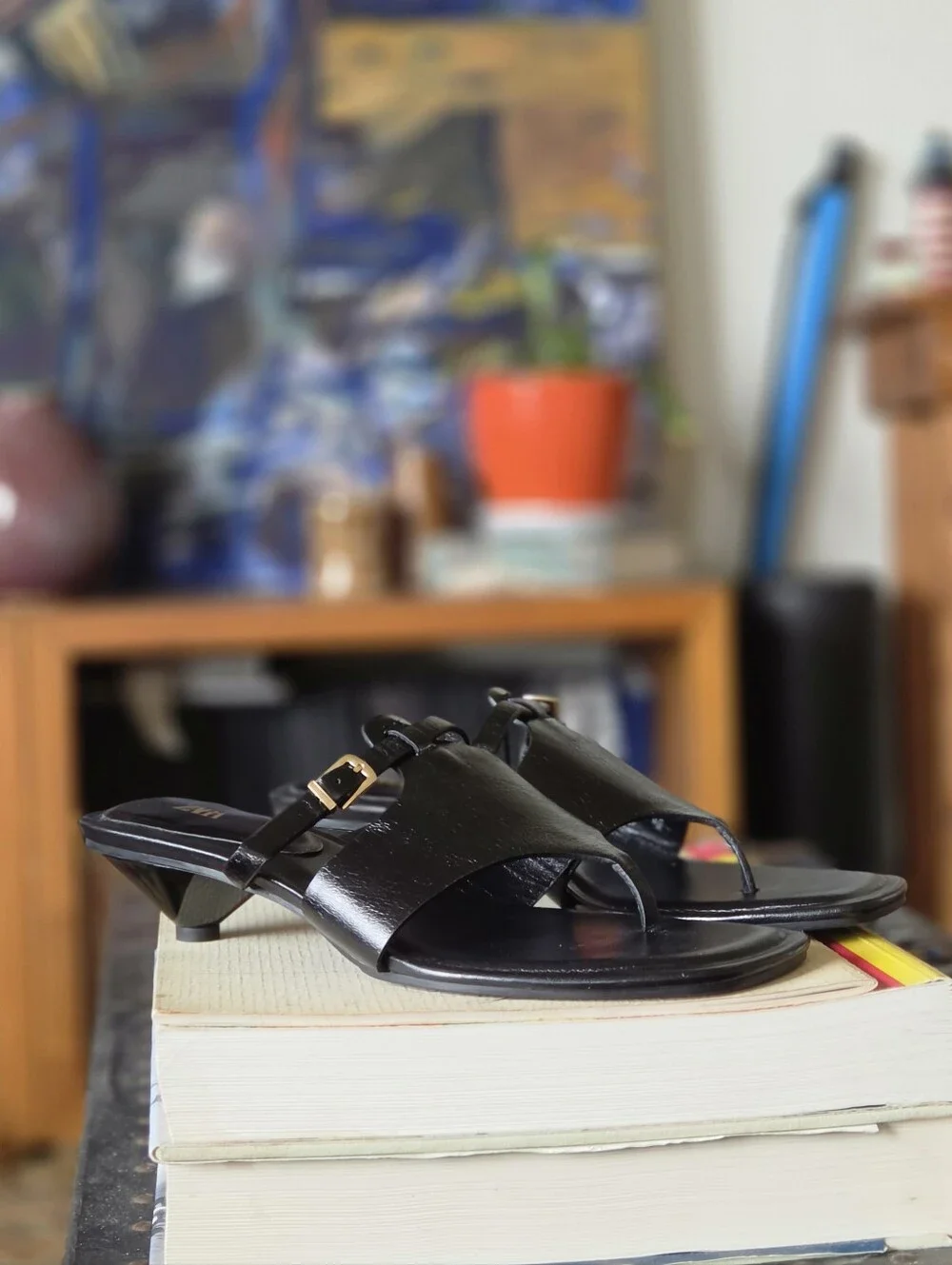 Zara Black Patent Kitten Heel Thong Sandals - Dress Sandals - Picture 2 of 7